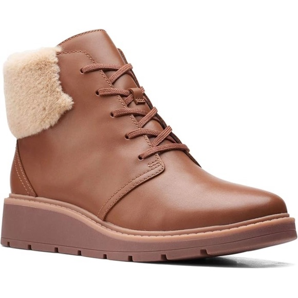 Clarks Andie Go Fur Lace-Up Brown Leather Ankle Boots Casual Winter Booties 8.5 - Picture 4 of 13